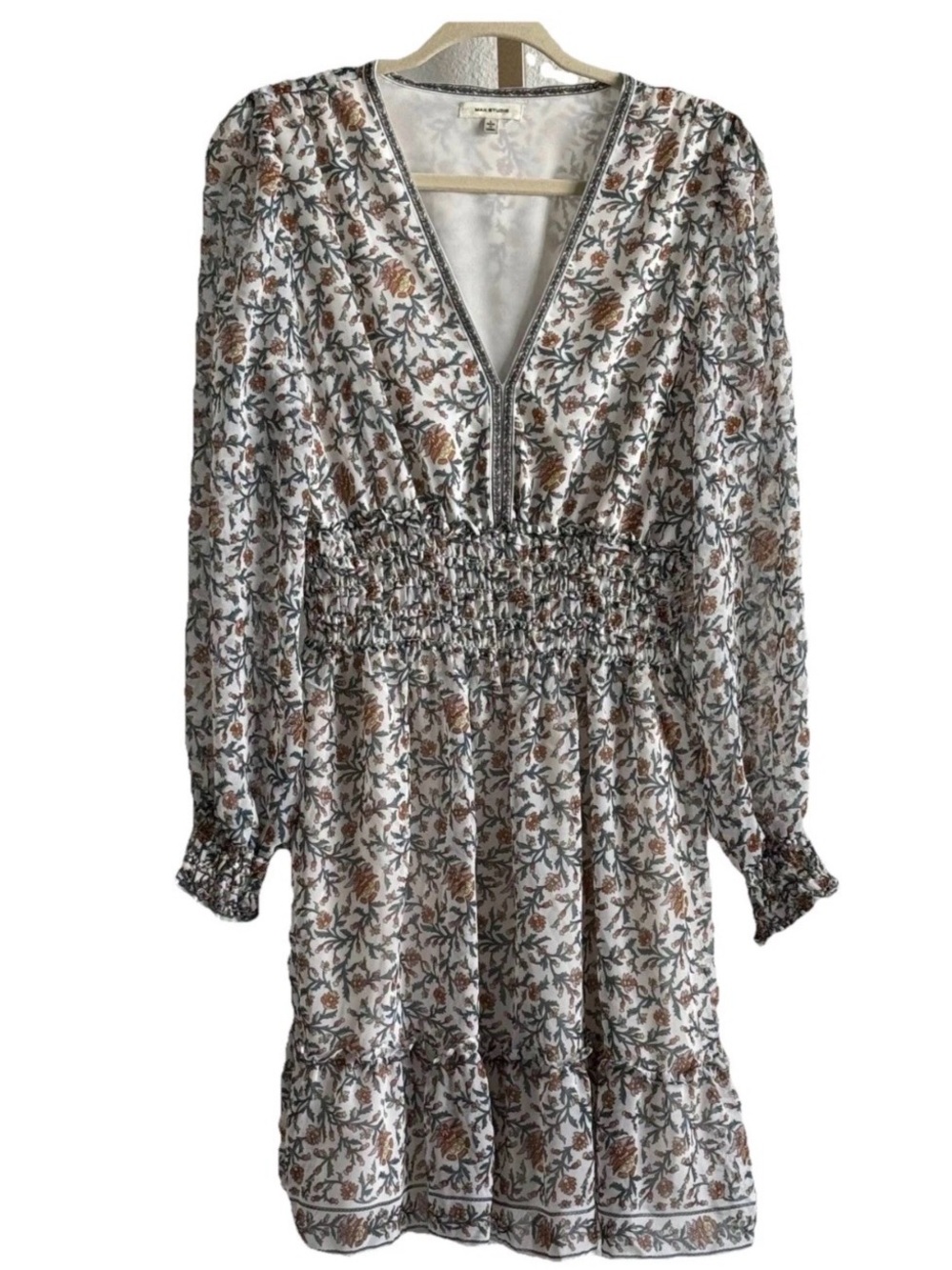Max Studio Floral Smocked Sage Green & Rust Romantic Cottaecore Mini Dress Sz L